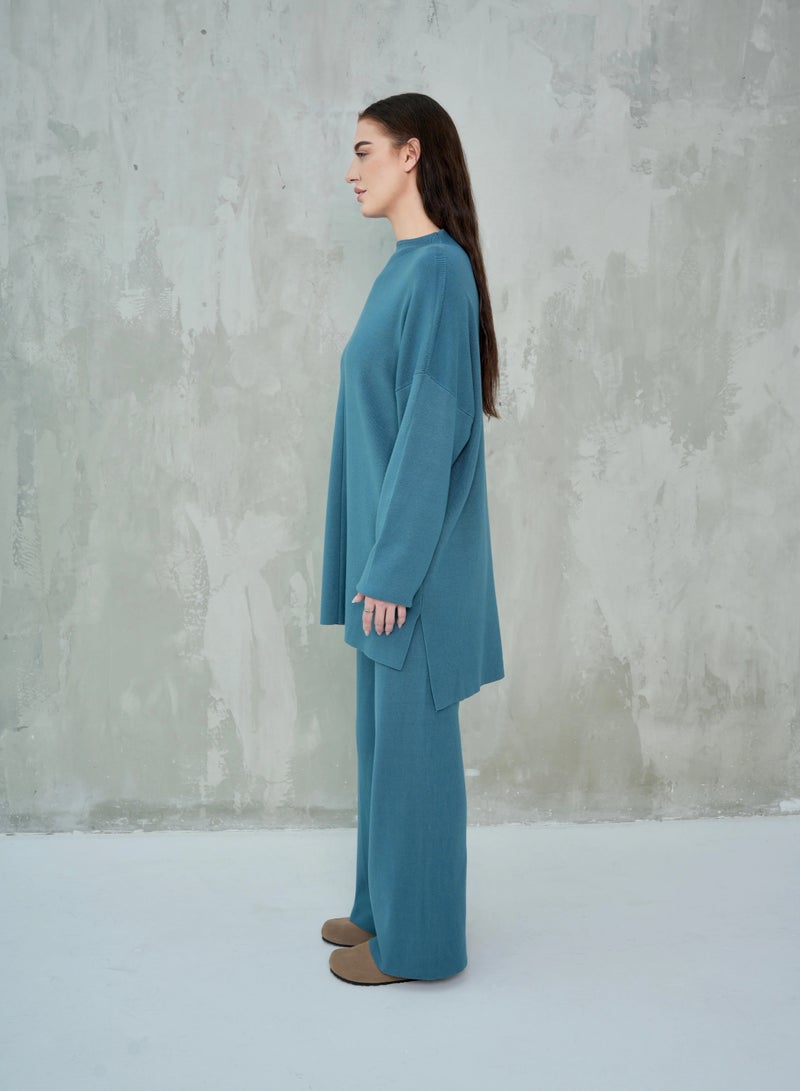 Andy Women's Premium Knitwear Set – Long-Sleeve Tunic Top with Wide-Leg Trousers | Elegant & Comfortable Two-Piece Outfit for Casual or Formal Wear - Teal - Image 2