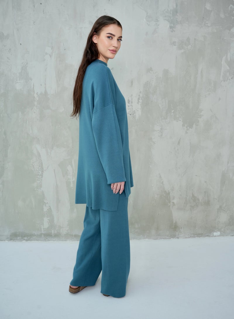 Andy Women's Premium Knitwear Set – Long-Sleeve Tunic Top with Wide-Leg Trousers | Elegant & Comfortable Two-Piece Outfit for Casual or Formal Wear - Teal - Image 3