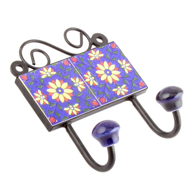 Indian-Shelf IndianShelf Handmade Ceramic Sunflower Wall Hooks Hangers Holders 1255 cm Blue 1 Piece  - Image 1