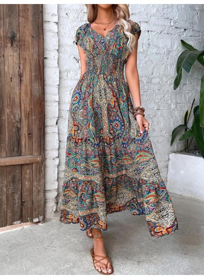 European And American Women's Clothing Bohemian Style New V-neck Long Dress Waisted Floral Print Large Swing Dress
