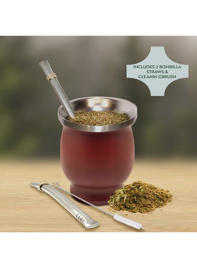 Norte Group Norte Yerba Mate Cup Kit, 8-Ounces Traditional Mate Tea Cup/Gourd Set | Includes 2 Bombillas (Yerba Mate Straw) & Cleaning Brush, Stainless Steel Cup, Double-Walled, Easy to Clean | Burgundy - Image 2