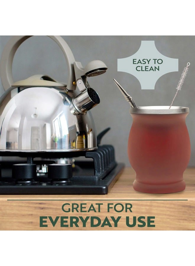Norte Group Norte Yerba Mate Cup Kit, 8-Ounces Traditional Mate Tea Cup/Gourd Set | Includes 2 Bombillas (Yerba Mate Straw) & Cleaning Brush, Stainless Steel Cup, Double-Walled, Easy to Clean | Burgundy - Image 4