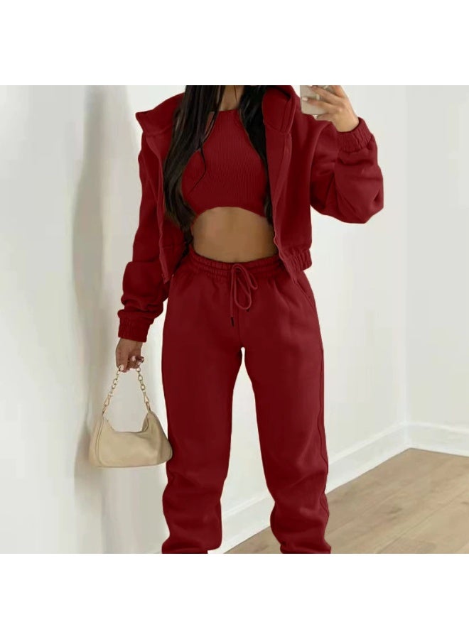 general Women's three-piece long pants with fleece hooded sweatshirt for sporty and casual winter outfit set - Image 1