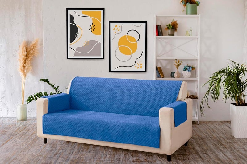 KINGLY Velvet Quilted Universal Elastic Sofa Cover Non-Slip Sofa Protector 5 Seater Armchair Cover with Machine Washable Adjustable Elastic Straps (3+2 Seater) (German Blue) - Image 5