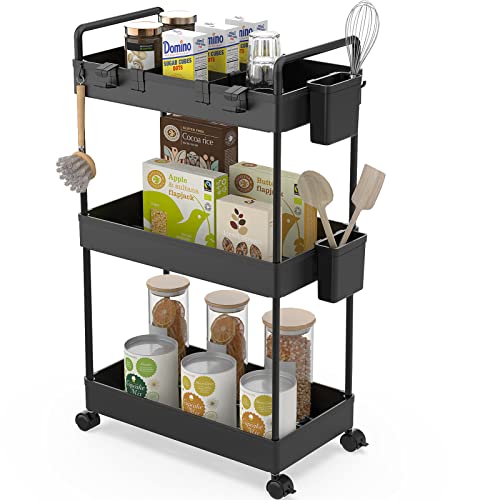 Ronlap Slim Storage Trolley 3 Tier Rolling Cart Storage Organizer Utility Rolling Cart with Handle Hanging Cups Dividers for Office Bathroom Kitchen Laundry Room Narrow Places Black