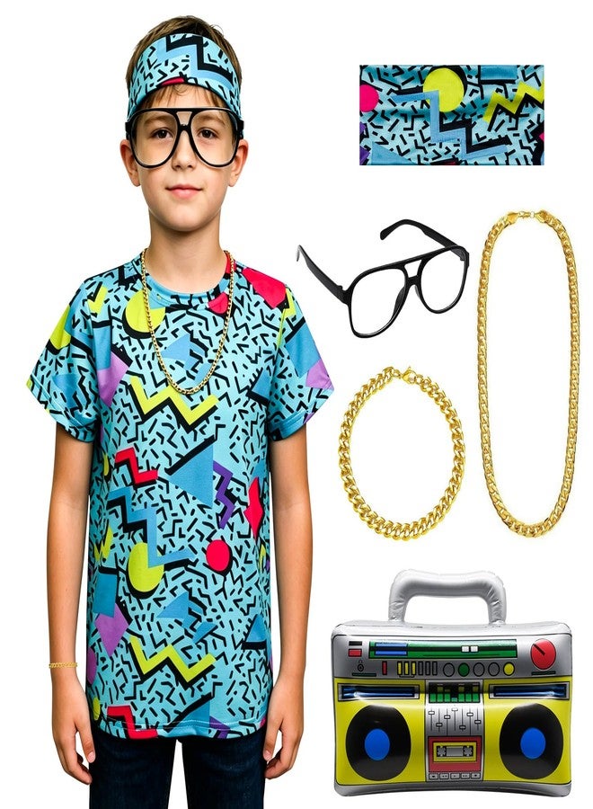 Prebene Boys 80s 90s Hip Hop Costume 6 Pcs Set - Retro Colorful T-Shirt Outfit for Halloween & Theme Parties (Blue, XS) - Image 1