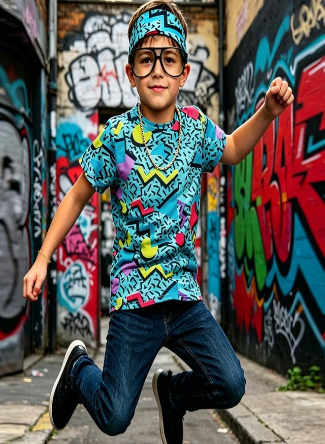 Prebene Boys 80s 90s Hip Hop Costume 6 Pcs Set - Retro Colorful T-Shirt Outfit for Halloween & Theme Parties (Blue, XS) - Image 5