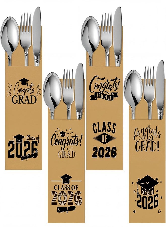 TaoBary 100 Pcs Class of 2026 Graduation Kraft Paper Silverware Bags 2026 Graduation Party Supplies Graduation Gift Bags Disposable Utensil Cutlery Holders Utensil Sleeves for College High School - Image 1