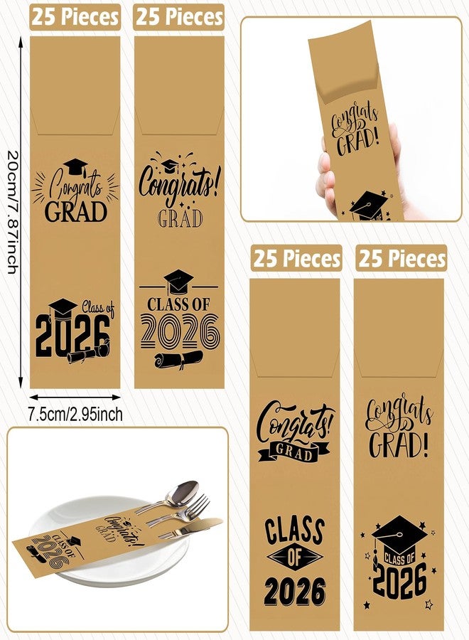 TaoBary 100 Pcs Class of 2026 Graduation Kraft Paper Silverware Bags 2026 Graduation Party Supplies Graduation Gift Bags Disposable Utensil Cutlery Holders Utensil Sleeves for College High School - Image 2