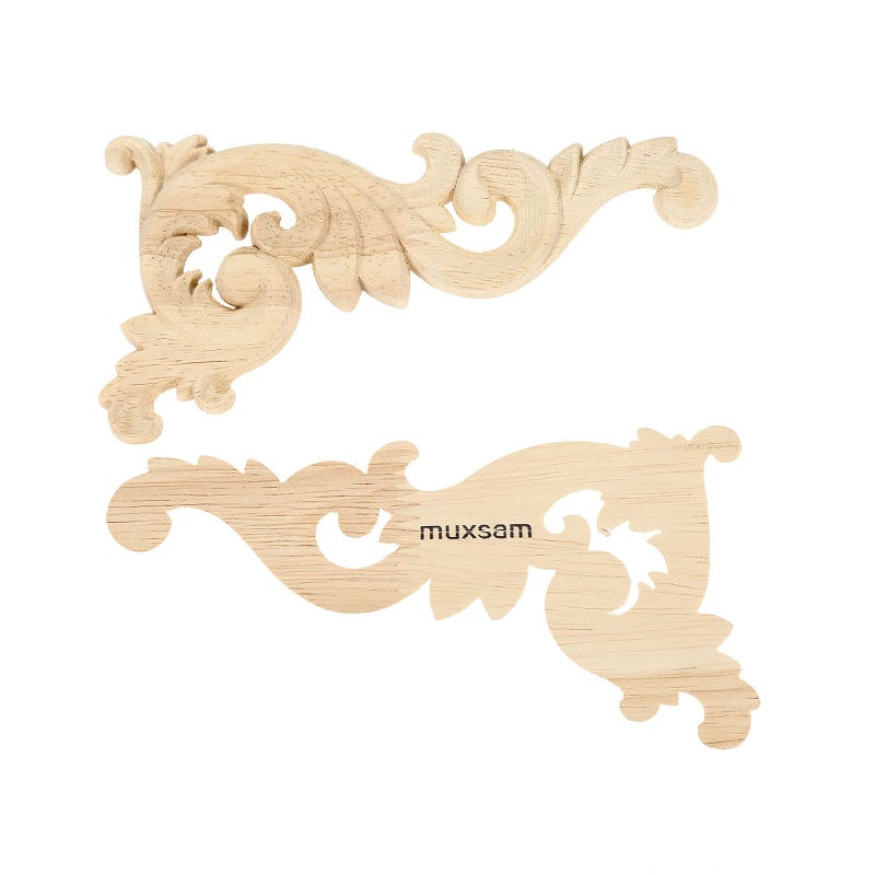 MUXSAM Wood Carved Appliques Onlays 1Pair Unpainted Small Wooden Carvings Decals Corner Decorative Plaques for Mirrors Walls Doors Bed Fireplace Cabinet Dresser Closet DIY Project Left Right