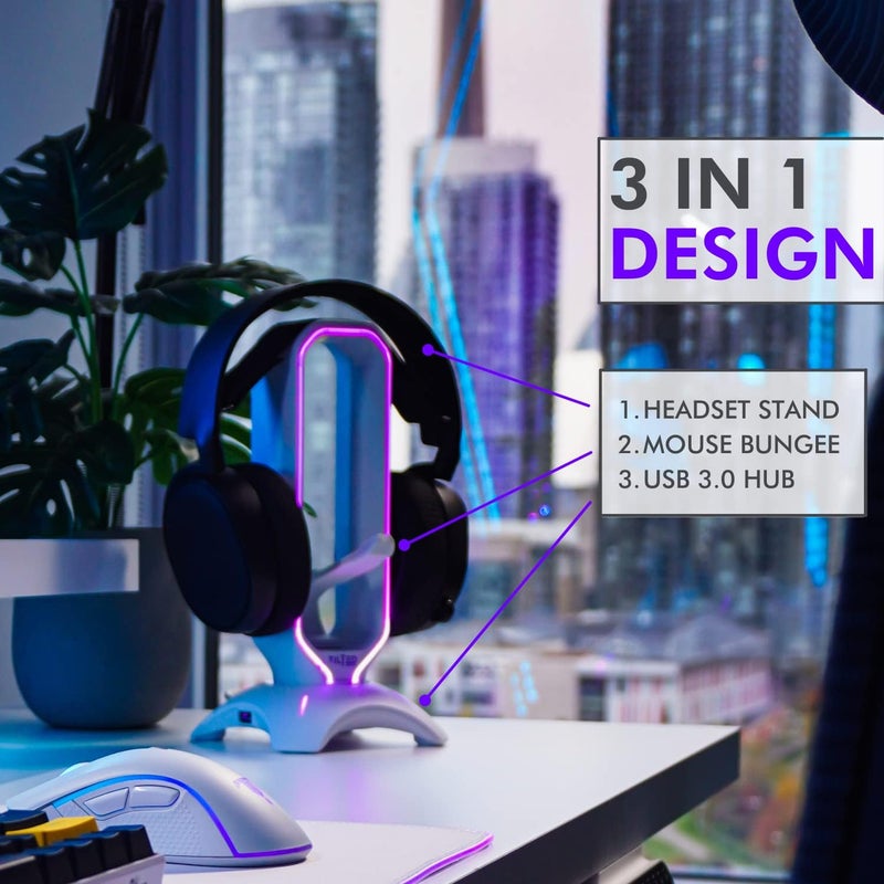حامل سماعات الرأس RGB من - حامل سماعات الألعاب 3 في 1 للمكتب مع Bungee الفأرة وشاحن محور USB 3.0 بمنفذين - إكسسوارات الألعاب النهائية والهدية للاعب - حامل سماعات الرأس RGB - Image 2