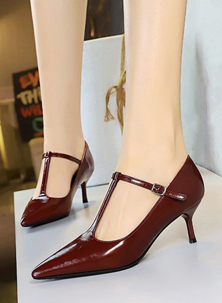 بيج تري المرأة مغلقة أشارت إصبع القدم منتصف الكعب مع T-كاحل أحزمة مضخات النبيذ الأحمر 5CM - Image 3