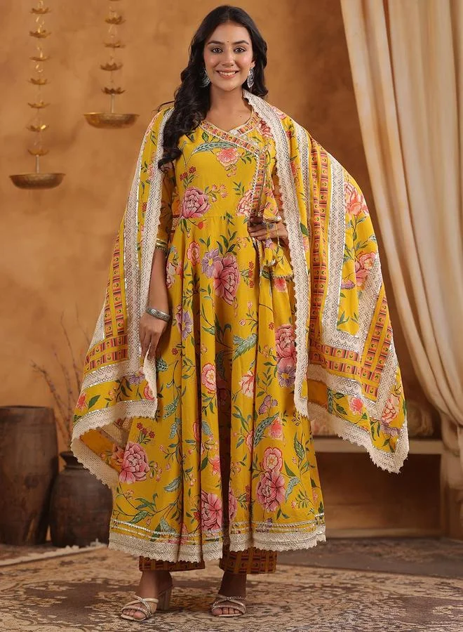 ISHIN Women's Yellow Cotton Printed Tunic Upper Calf Length Palazzo Bottom Flared 3 Peice Kurta Set