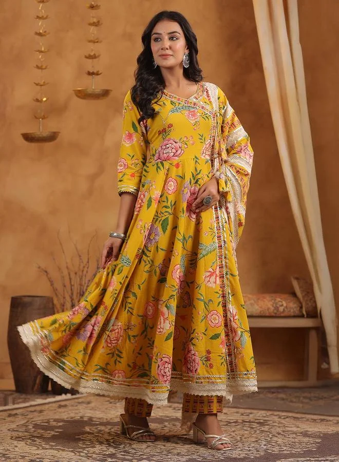 ISHIN  Women's Yellow Cotton Printed Tunic Upper Calf Length Palazzo Bottom Flared 3 Peice Kurta Set for Women | Best Price UAE