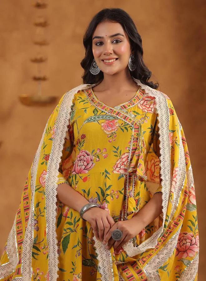 ISHIN  Women's Yellow Cotton Printed Tunic Upper Calf Length Palazzo Bottom Flared 3 Peice Kurta Set for Women | Best Price UAE