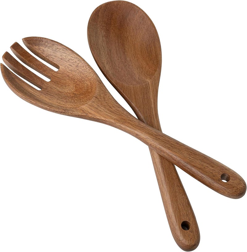 LEHAHA Wood Salad Servers, 10.5-inch Salad Spoon and Fork Serving Set, Set of 2 Wood Salad Serving Set, Wood Salad Tongs Salad Serving Tossing Utensils for Kitchen Stirring Mixing and Cooking - Image 1