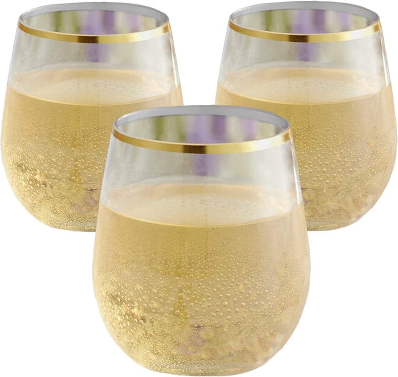 48 piece Stemless Unbreakable Crystal Clear Plastic Wine Glasses Set of 48 Small 10 Ounce Gold Rim