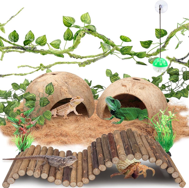QUOZUO Crested Gecko Tank Accessories, Reptile Climbing Vines Hanging Plants with Coconut Shells Bridge Hideout Hermit Crab Decor for Bearded Dragon Lizard Chameleon Gecko Turtle Snake - Image 1