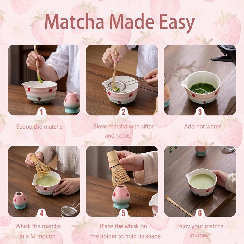 Buucup Matcha Whisk Set, Matcha Bowl with Spout, Matcha Whisk and Holder, Bamboo Matcha Scoop and Stainless Sifter,Ceramic Matcha Bowl(Pink Green) - Image 4