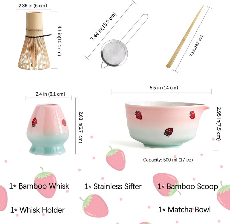 Buucup Matcha Whisk Set, Matcha Bowl with Spout, Matcha Whisk and Holder, Bamboo Matcha Scoop and Stainless Sifter,Ceramic Matcha Bowl(Pink Green) - Image 3