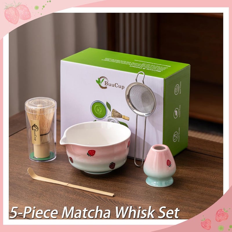 Buucup Matcha Whisk Set, Matcha Bowl with Spout, Matcha Whisk and Holder, Bamboo Matcha Scoop and Stainless Sifter,Ceramic Matcha Bowl(Pink Green) - Image 2