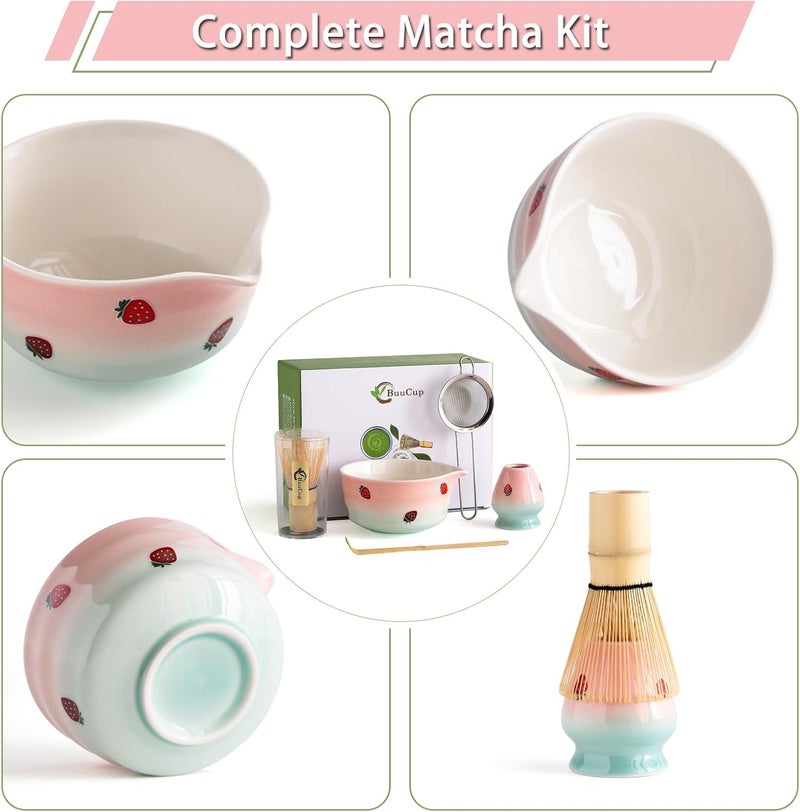 Buucup Matcha Whisk Set, Matcha Bowl with Spout, Matcha Whisk and Holder, Bamboo Matcha Scoop and Stainless Sifter,Ceramic Matcha Bowl(Pink Green) - Image 5