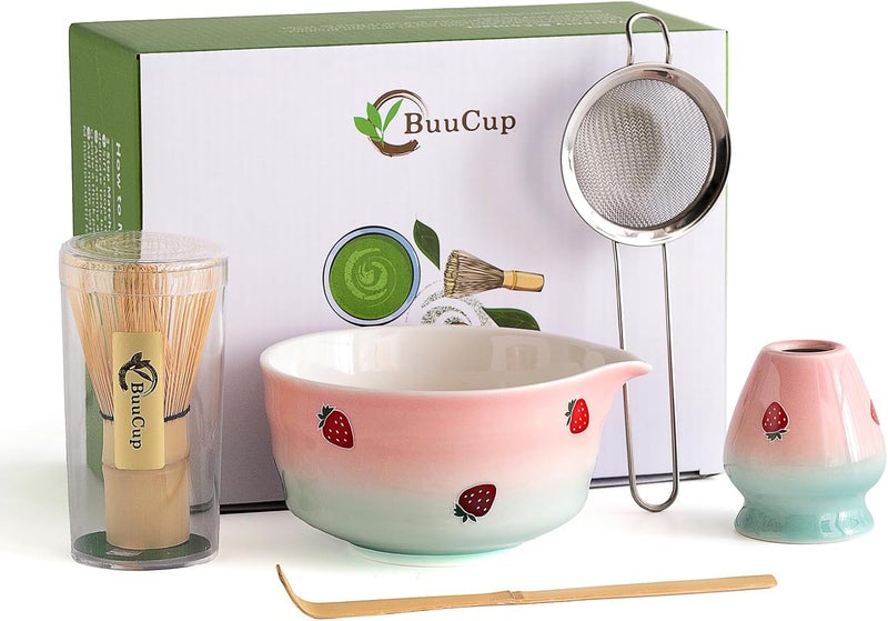 Buucup Matcha Whisk Set, Matcha Bowl with Spout, Matcha Whisk and Holder, Bamboo Matcha Scoop and Stainless Sifter,Ceramic Matcha Bowl(Pink Green) - Image 1