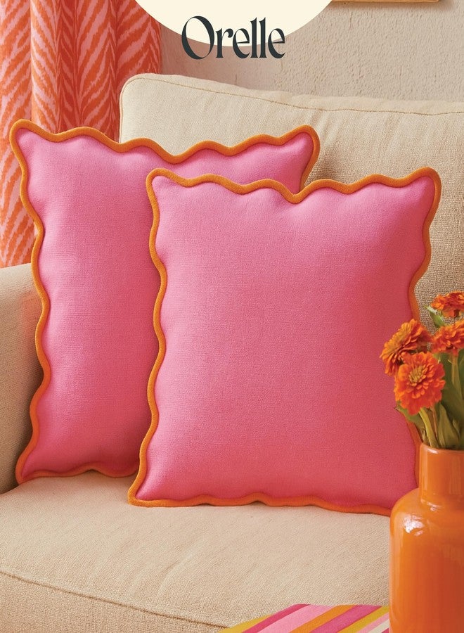 Orelle Scalloped Pillow Cover Set of 2 | Linen Cotton | 18x18 | Pink and Orange - Image 2