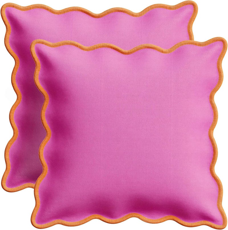 Orelle Scalloped Pillow Cover Set of 2 | Linen Cotton | 18x18 | Pink and Orange - Image 1