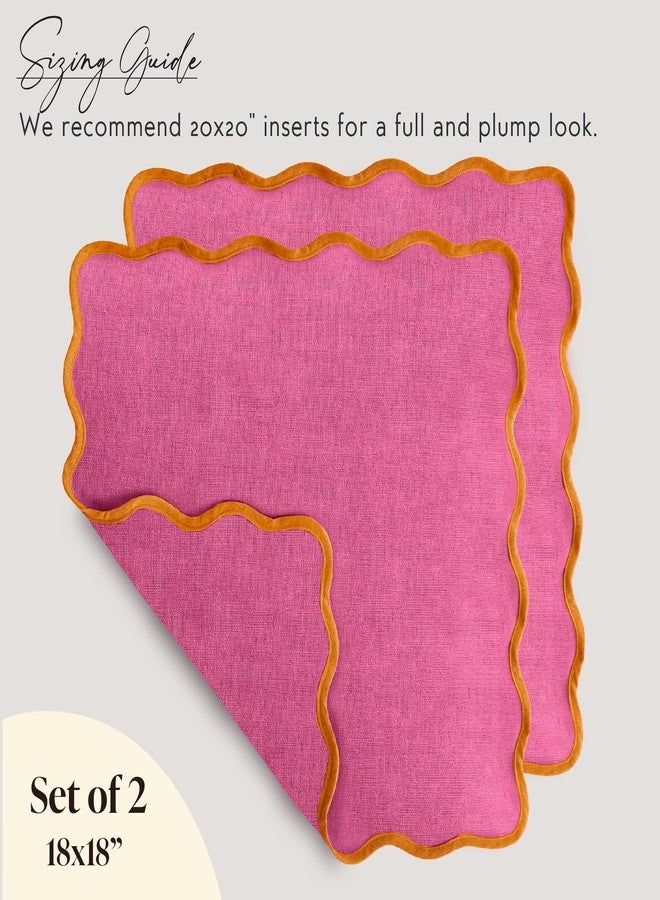 Orelle Scalloped Pillow Cover Set of 2 | Linen Cotton | 18x18 | Pink and Orange - Image 3