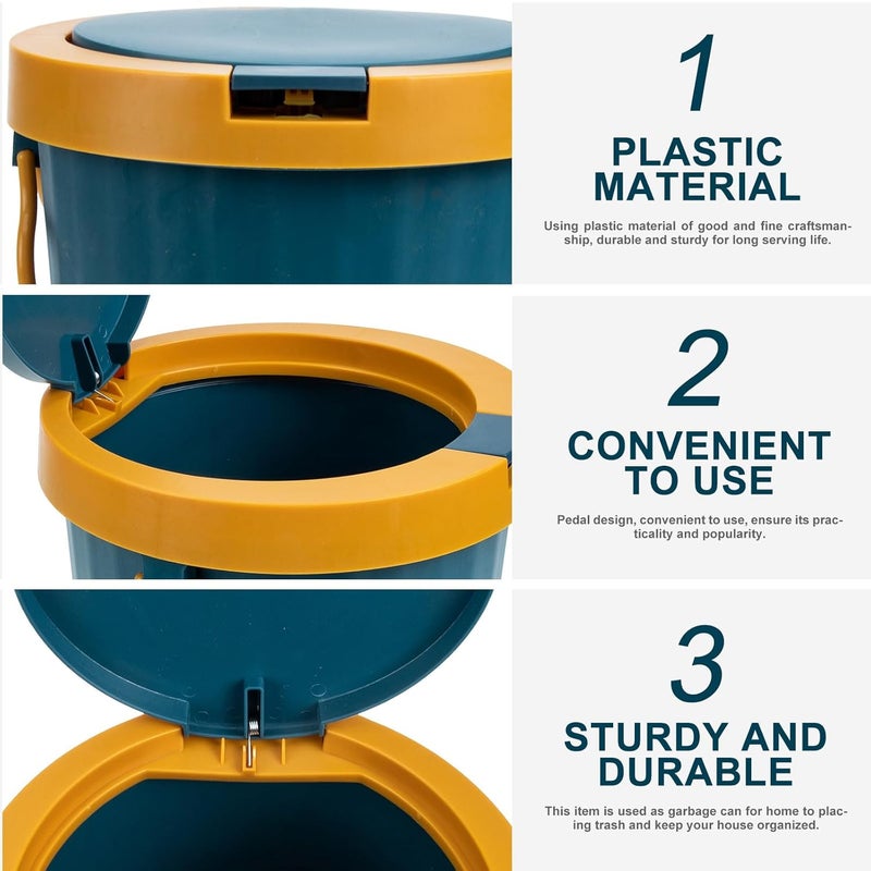 Blue Small Plastic Waste Paper Basket with Lid, Kitchen Trash Holder and Home Garbage Container for Bathroom Bedroom Office Use - Image 3