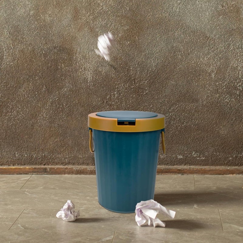 Blue Small Plastic Waste Paper Basket with Lid, Kitchen Trash Holder and Home Garbage Container for Bathroom Bedroom Office Use - Image 4