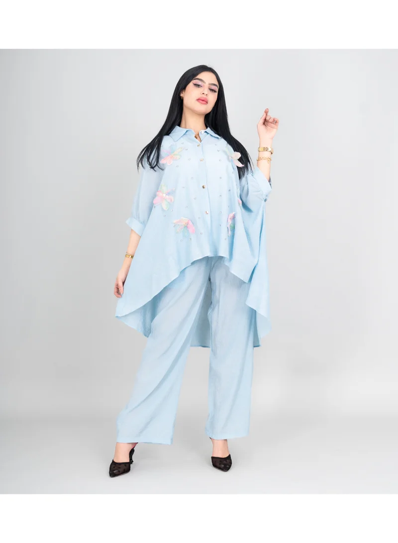 IKKXA Modern Two-Piece Outfit Oversize Shirt and Pants Crystal Embroidery Details IK477 Blue