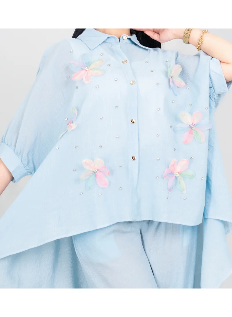 IKKXA Modern Two-Piece Outfit Oversize Shirt and Pants Crystal Embroidery Details IK477 Blue