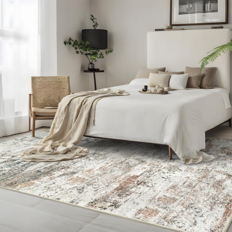 RUUGME Washable Abstract Rug 4X6:Living Room Large Vintage Area Rug Soft Indoor Low Pile Carpet for Bedroom  Dining Room Non-Slip Backing Distressed Floor Decor Machine Washable Mat 4X6 Brown - Image 1