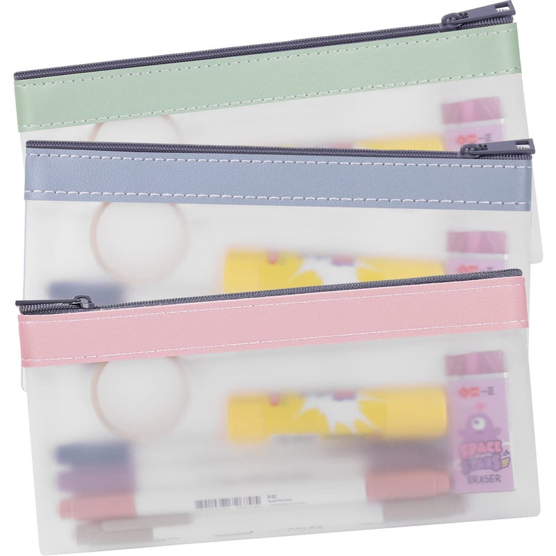 Boxgear 3 Pieces Clear Pencil Case Set for Girls and Boys, Pen Holder with Zipper for Kids, Teens Portable Desk Organizer Pencil Pouch for School & Stationery Supplies (Pink, Blue, Green) (Clear) - Image 1