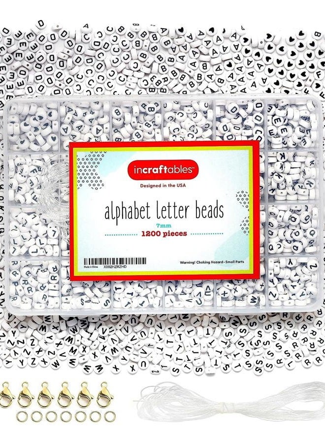 Incraftables 1200pcs Round Letter Beads for Jewelry Making (7mm). A-Z Letters Black Alphabet for DIY Friendship Bracelets & Crafts. ABC Circle & Heart Bead w/Elastic String, Clasps & Organizer Box - Image 1