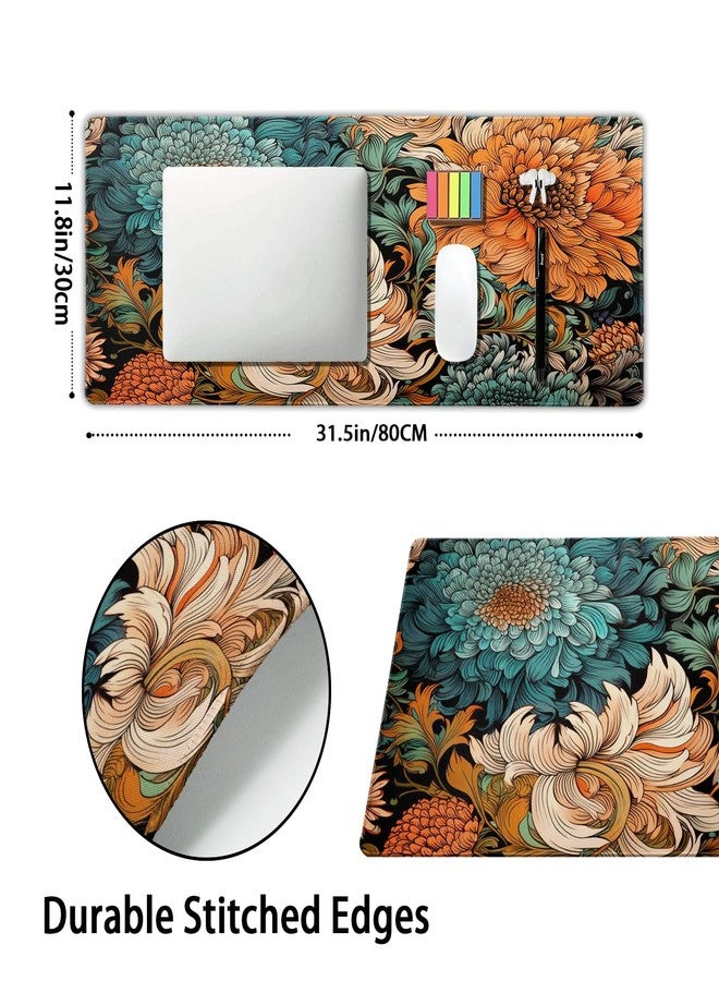 aportt Japanese Minimalist Floral Desk Mat XL Teal Orange Aesthetic Flowers Large Desk Pad Non-Slip Rubber Base Stitched Edge Keyboard for Computer Work Gaming,31.5×11.8 inch - Image 2