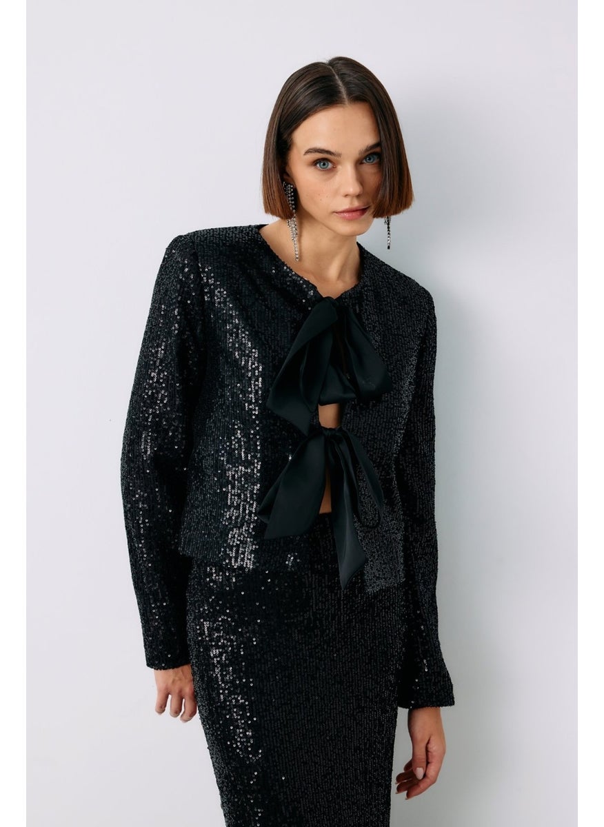 Front Belted Sequined Short Jacket - Black - pzsku/Z12C377D0D390CD749BE8Z/45/_/1740639309/34af7a30-e2d8-46fe-8bd6-0b0418ec7d9f