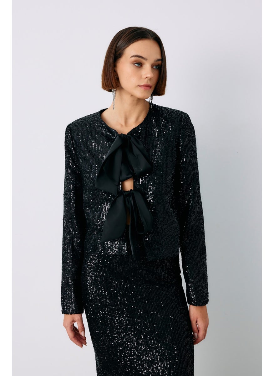 Front Belted Sequined Short Jacket - Black - pzsku/Z12C377D0D390CD749BE8Z/45/_/1740639327/bf1227d4-93bf-4cd5-96f9-612be7b43211