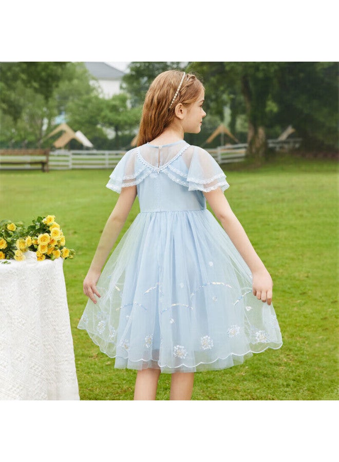 Ask Junior Girls' Summer Thin Dress Fashion Mesh Princess Dress Blue 120 - Image 2