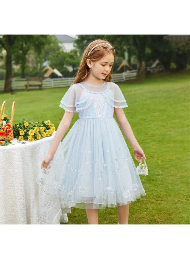 Ask Junior Girls' Summer Thin Dress Fashion Mesh Princess Dress Blue 120 - Image 3