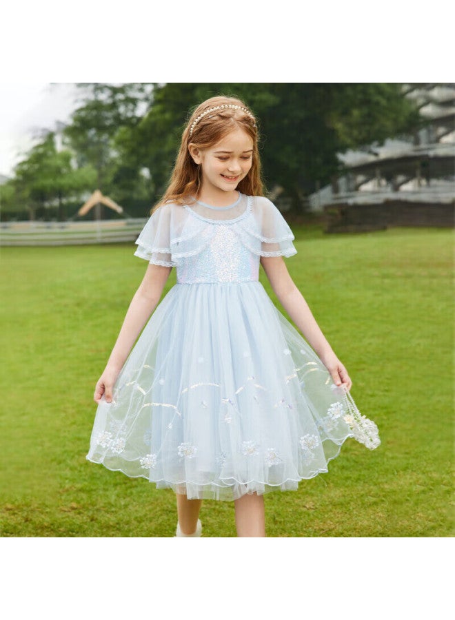 Ask Junior Girls' Summer Thin Dress Fashion Mesh Princess Dress Blue 120 - Image 1