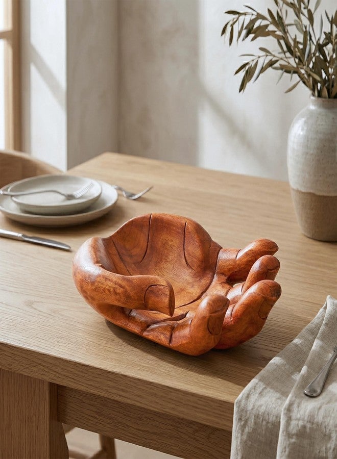 G6 Collection 12" Wooden Handmade Hand Palm Fruit Decorative Bowl Centerpiece Hand Carved Art Home Decor Gift Decoration Artwork Handcrafted Storage Wood Serving Bowls Hand - Image 4