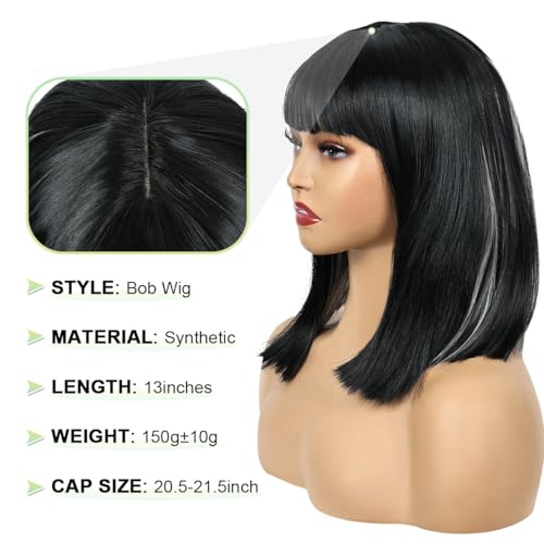 Creamily Short Hair Wig for Women Full Head, Bob Cut Wigs with Bangs for Women, Hightlight Black Mix Grey Straight Ladies Wigs Natural Hair Full Head (Black,14 inches) - Image 5