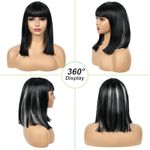 Creamily Short Hair Wig for Women Full Head, Bob Cut Wigs with Bangs for Women, Hightlight Black Mix Grey Straight Ladies Wigs Natural Hair Full Head (Black,14 inches) - Image 3