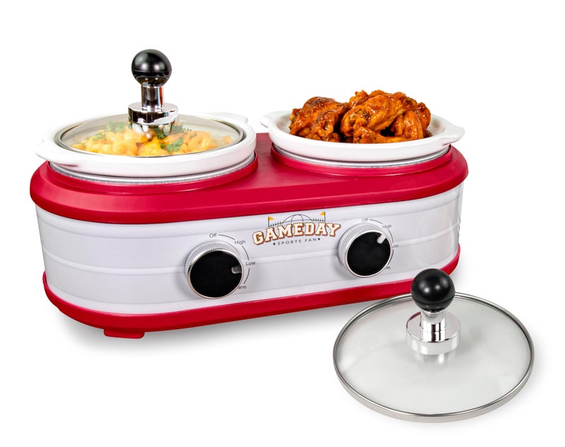 Nostalgia Game Day 2.5-Quart 2-Section Slow Cooker with Lid and Ladle, Keg-Like Design, Cooks Chicken Wings, Meatballs, Chilli, Cheese, Soup, Stews, and More - Image 1