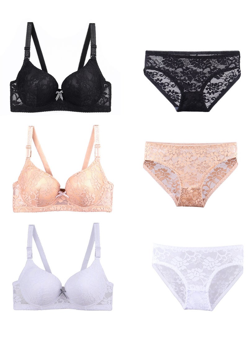 طقم حمالة صدر وسراويل داخلية نسائية رفيعة من الدانتيل مكونة من 6 قطع - Image 1