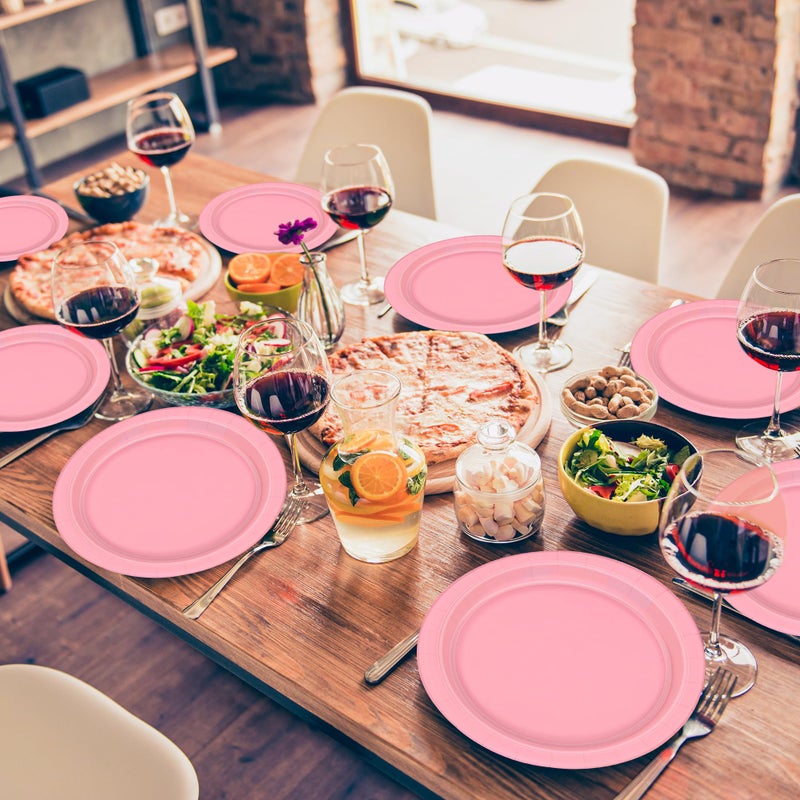 QZYL 100 PCS Paper Plates  9 Inches Pink Disposable Plates  Heavy Duty Party Plates Round Dinner Plates Tableware Set for Daily Meals Party Supplies Birthday Picnic Wedding Baby Shower - Image 3