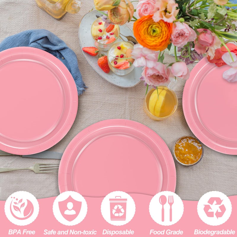 QZYL 100 PCS Paper Plates  9 Inches Pink Disposable Plates  Heavy Duty Party Plates Round Dinner Plates Tableware Set for Daily Meals Party Supplies Birthday Picnic Wedding Baby Shower - Image 2